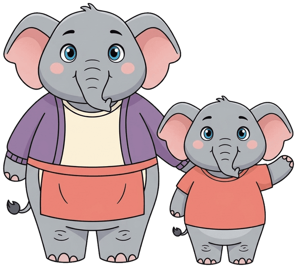 Mabel, a grey cartoon elephant in a purple cardigan, with her son Pip