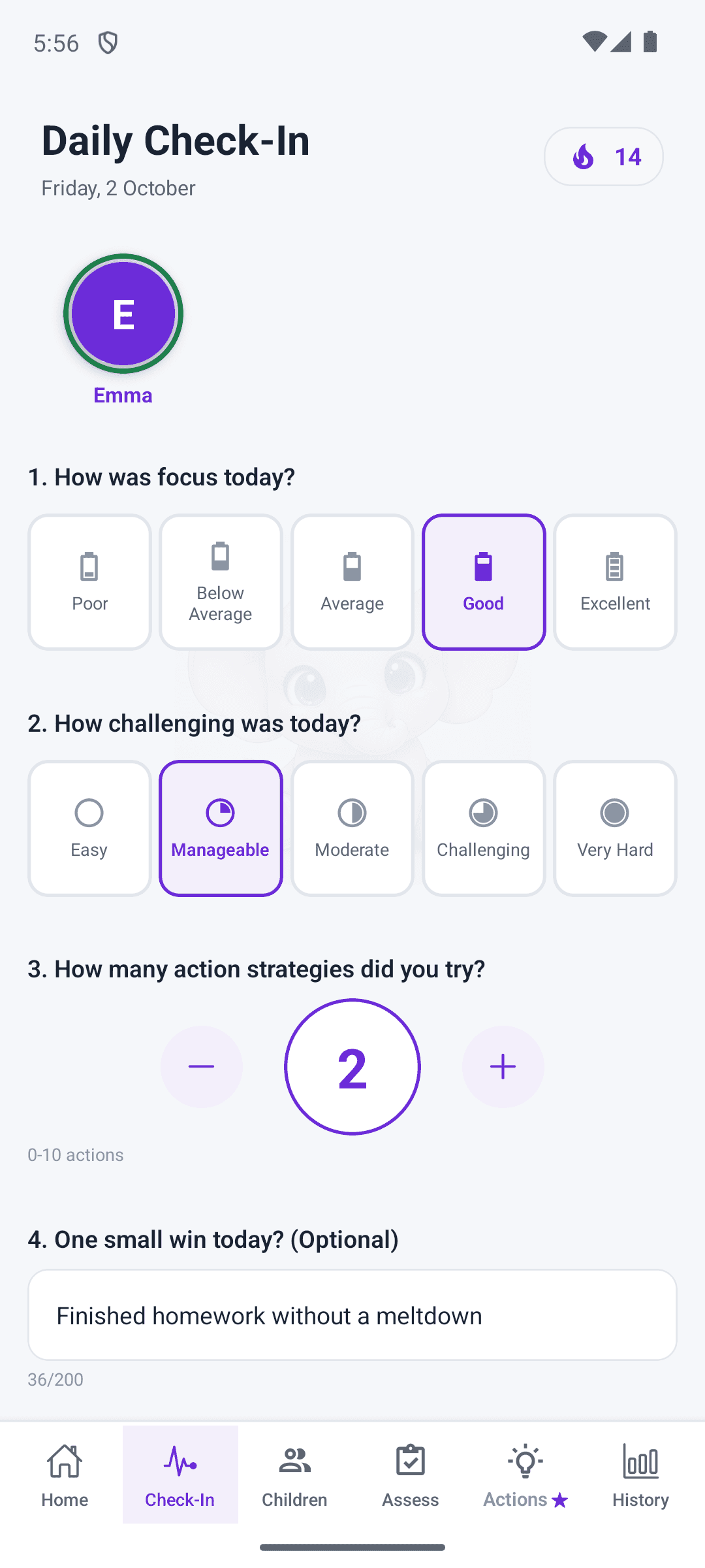 The ParentPilot daily check-in screen