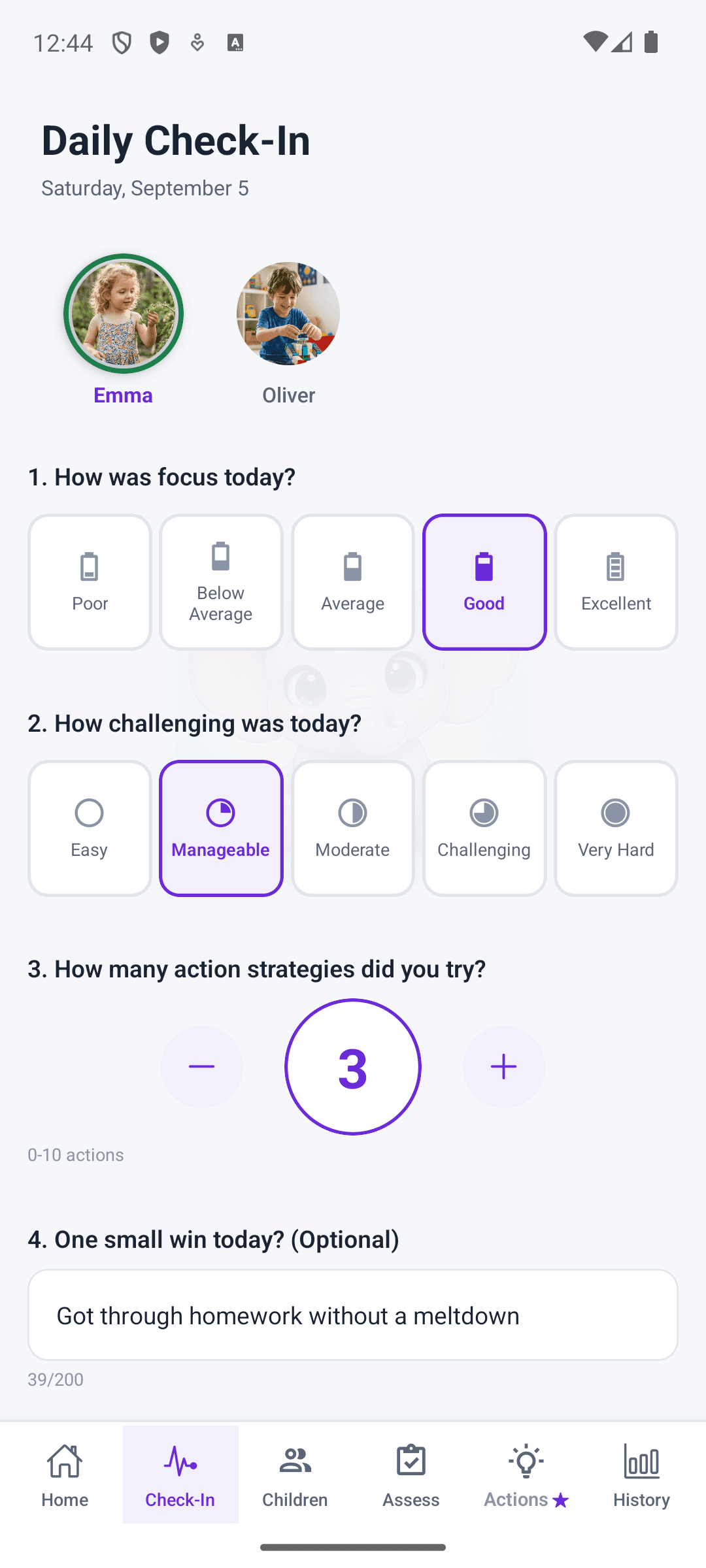 The ParentPilot daily check-in screen
